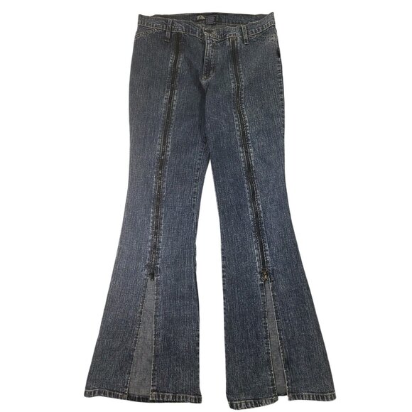 Spach Denim - VTG 90s Womens Blue FULL Zipper Flare Jeans Y2K Rave Festival Mcbling Sz 32 X 31